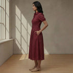 Maroon Handspun Cotton Button-Down Midi Shirt Dress