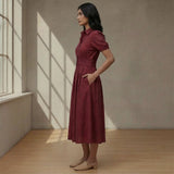 Maroon Handspun Cotton Button-Down Midi Shirt Dress