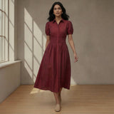 Maroon Handspun Cotton Button-Down Midi Shirt Dress