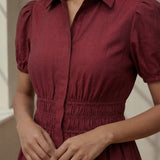 Maroon Handspun Cotton Button-Down Midi Shirt Dress