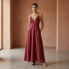 Maroon Handspun Cotton Deep V-Neck Cami Maxi Dress
