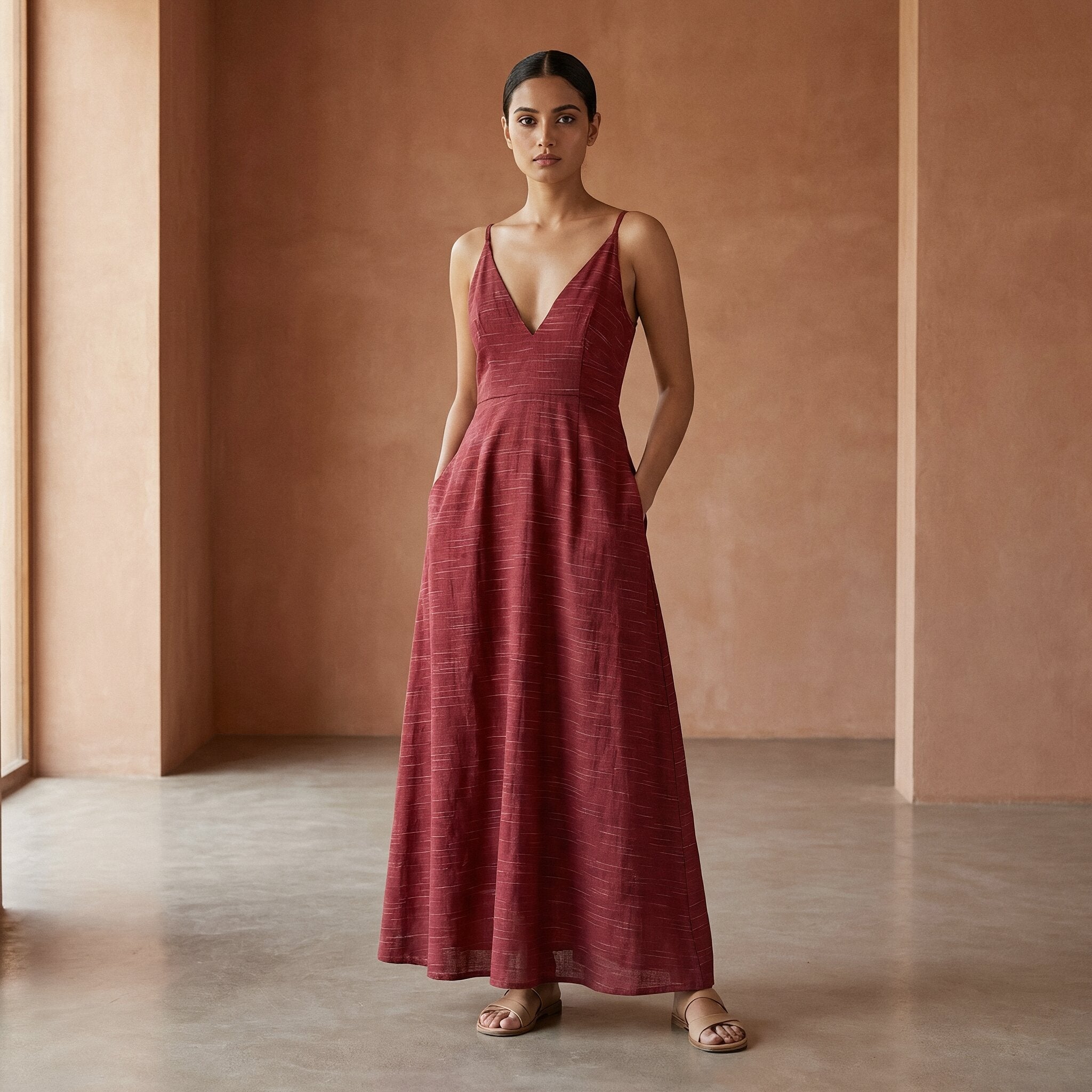Maroon Handspun Cotton Deep V-Neck Cami Maxi Dress