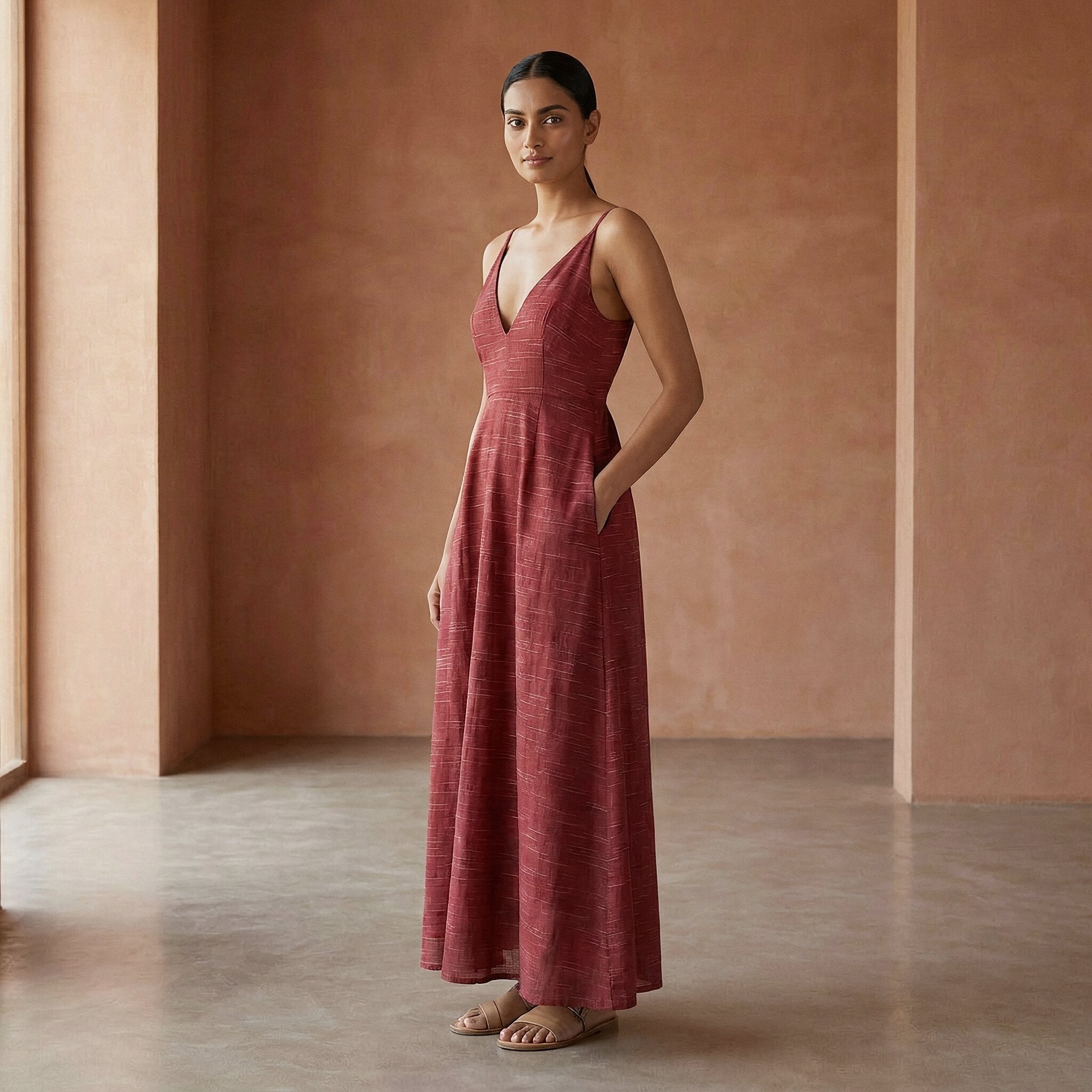 Maroon Handspun Cotton Deep V-Neck Cami Maxi Dress