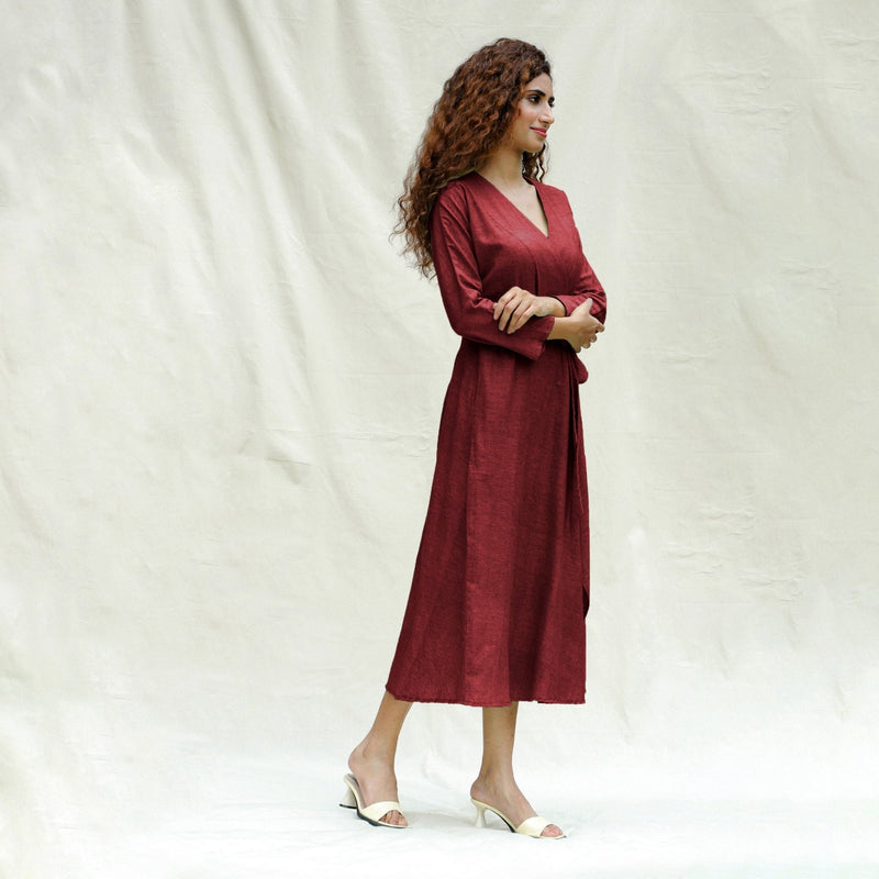 Maroon Handspun Cotton Drop Shoulder Midi Wrap Dress