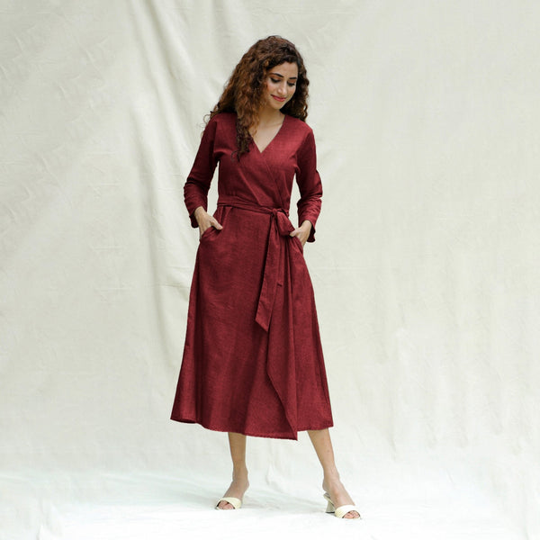 Maroon Handspun Cotton Drop Shoulder Midi Wrap Dress