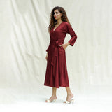 Maroon Handspun Cotton Drop Shoulder Midi Wrap Dress