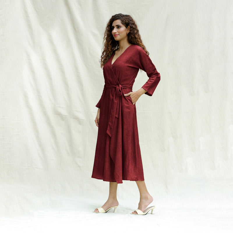 Maroon Handspun Cotton Drop Shoulder Midi Wrap Dress
