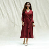 Maroon Handspun Cotton Drop Shoulder Midi Wrap Dress