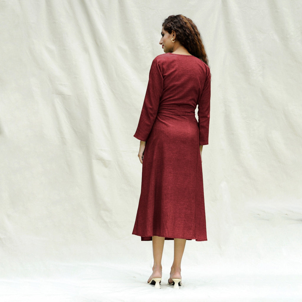 Maroon Handspun Cotton Drop Shoulder Midi Wrap Dress