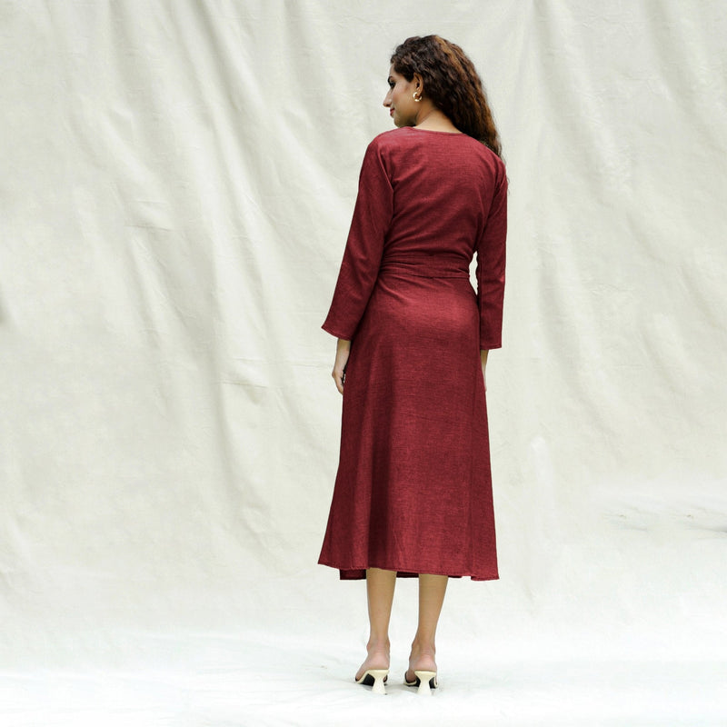 Maroon Handspun Cotton Drop Shoulder Midi Wrap Dress