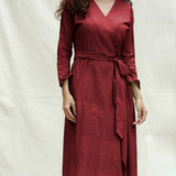 Maroon Handspun Cotton Drop Shoulder Midi Wrap Dress