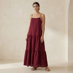 Maroon Handspun Cotton Drop-Waist Camisole Maxi Tier Dress