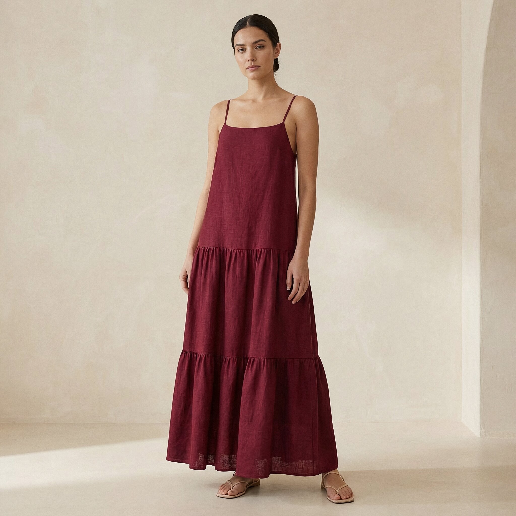 Maroon Handspun Cotton Drop-Waist Camisole Maxi Tier Dress
