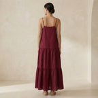 Maroon Handspun Cotton Drop-Waist Camisole Maxi Tier Dress
