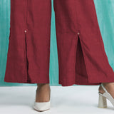 Maroon Handspun Cotton Elasticated Mid-Rise Wide Legged Pant