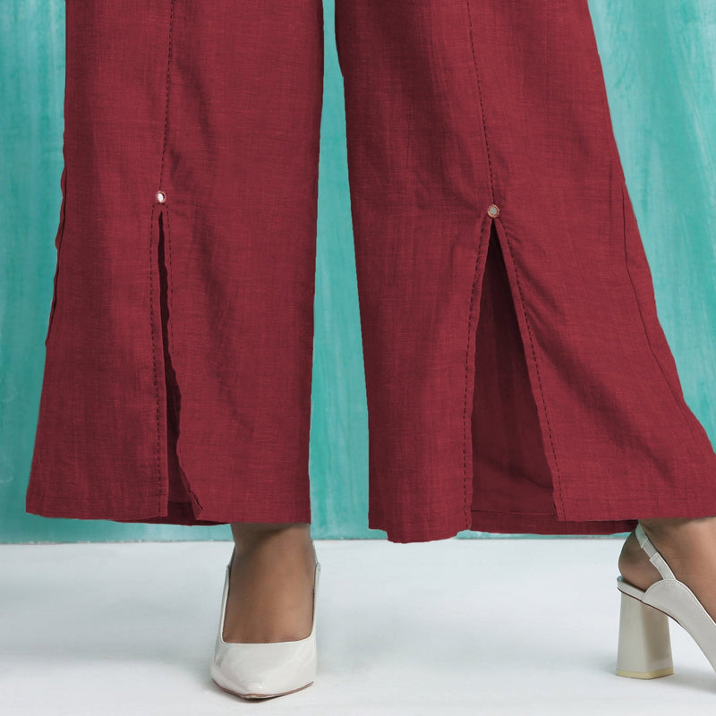 Maroon Handspun Cotton Elasticated Mid-Rise Wide Legged Pant