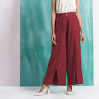 Maroon Handspun Cotton Elasticated Mid-Rise Wide Legged Pant