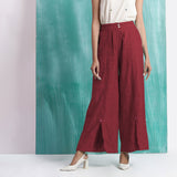 Maroon Handspun Cotton Elasticated Mid-Rise Wide Legged Pant