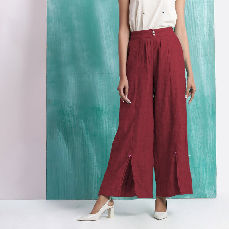 Maroon Handspun Cotton Elasticated Mid-Rise Wide Legged Pant