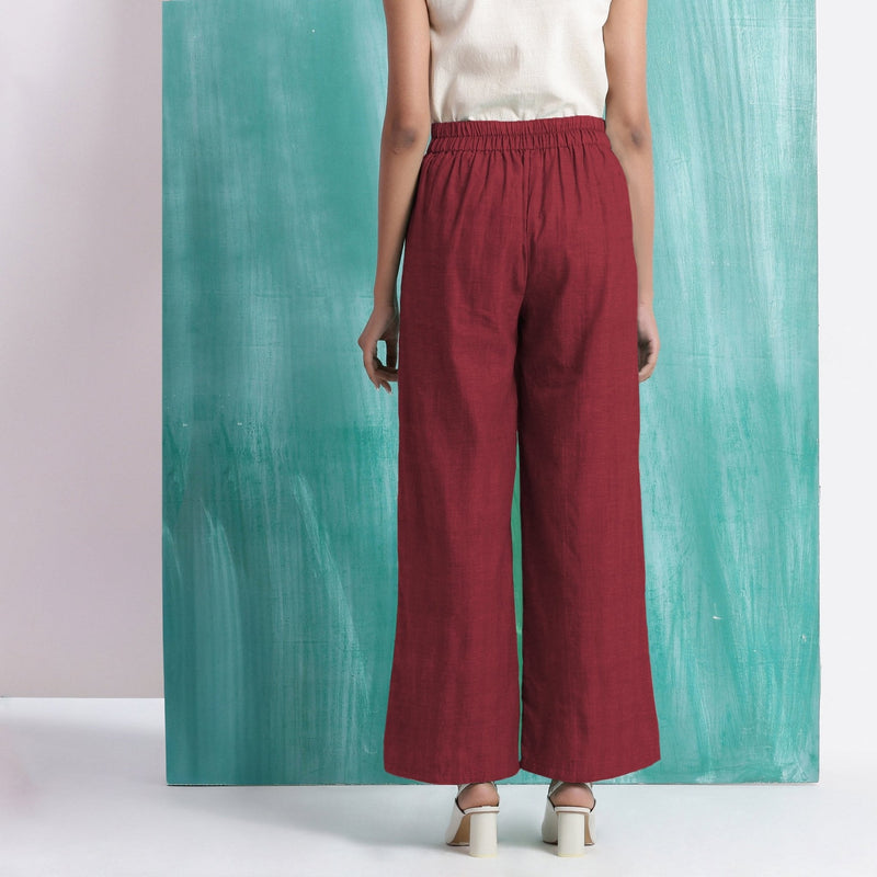 Maroon Handspun Cotton Elasticated Mid-Rise Wide Legged Pant