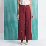 Maroon Handspun Cotton Elasticated Mid-Rise Wide Legged Pant