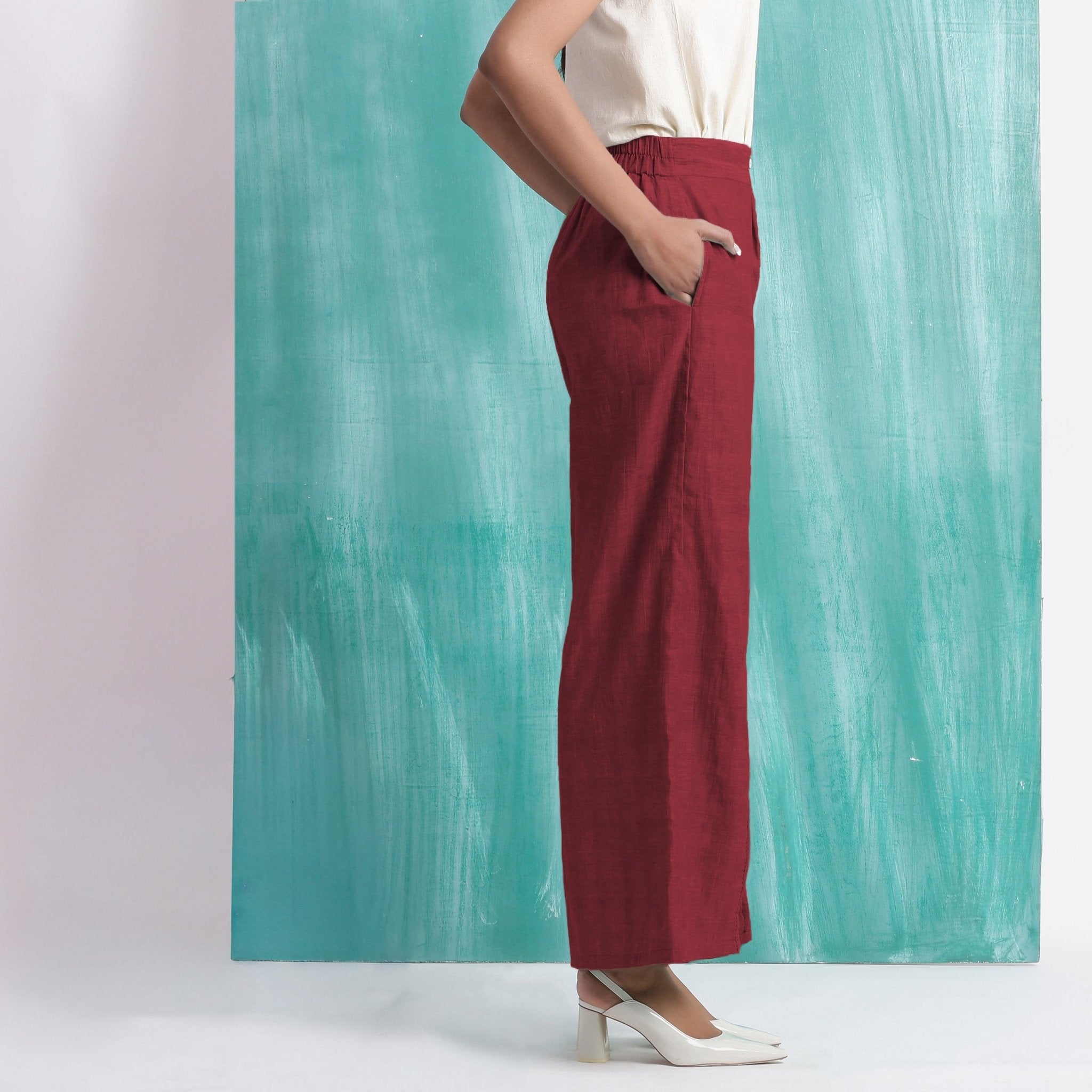 Maroon Handspun Cotton Elasticated Mid-Rise Wide Legged Pant