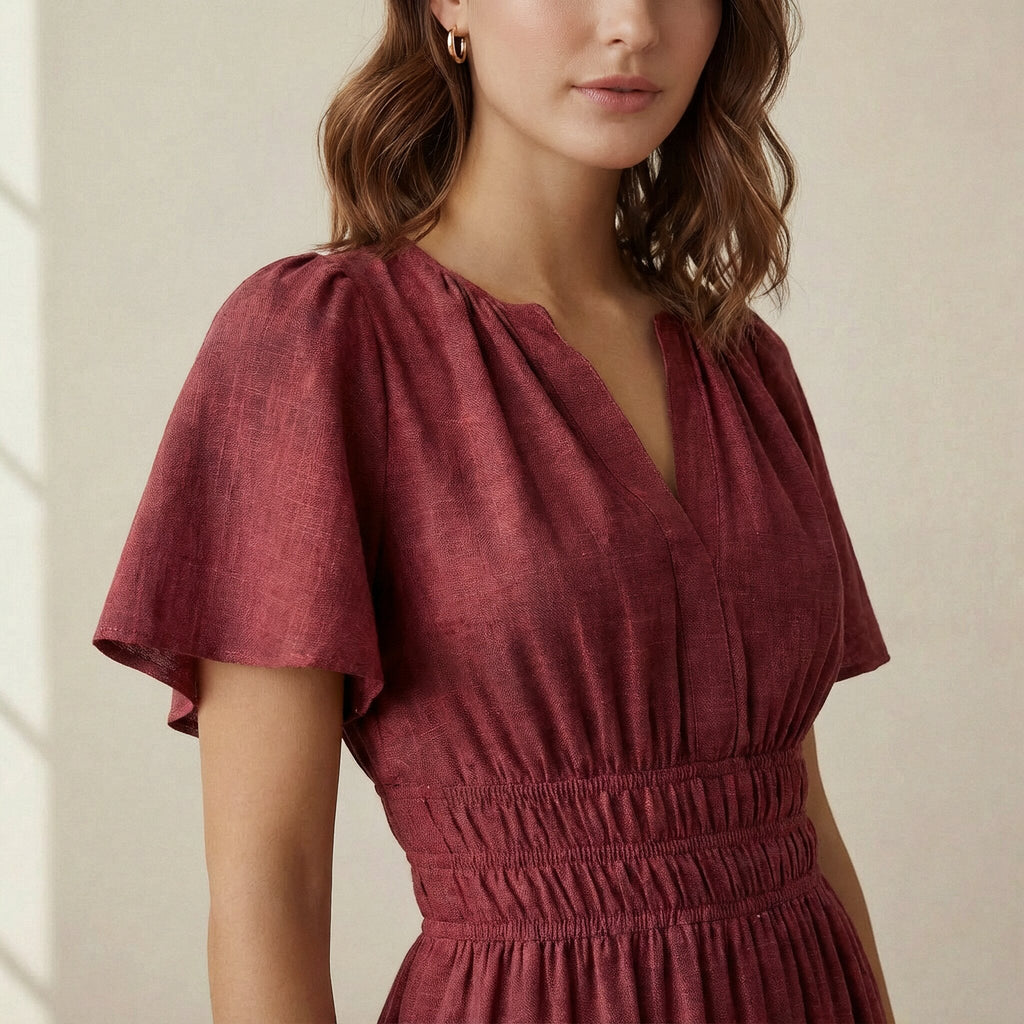 Maroon Handspun Cotton Elasticated Short Tier Dress