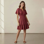 Maroon Handspun Cotton Elasticated Short Tier Dress