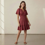 Maroon Handspun Cotton Elasticated Short Tier Dress