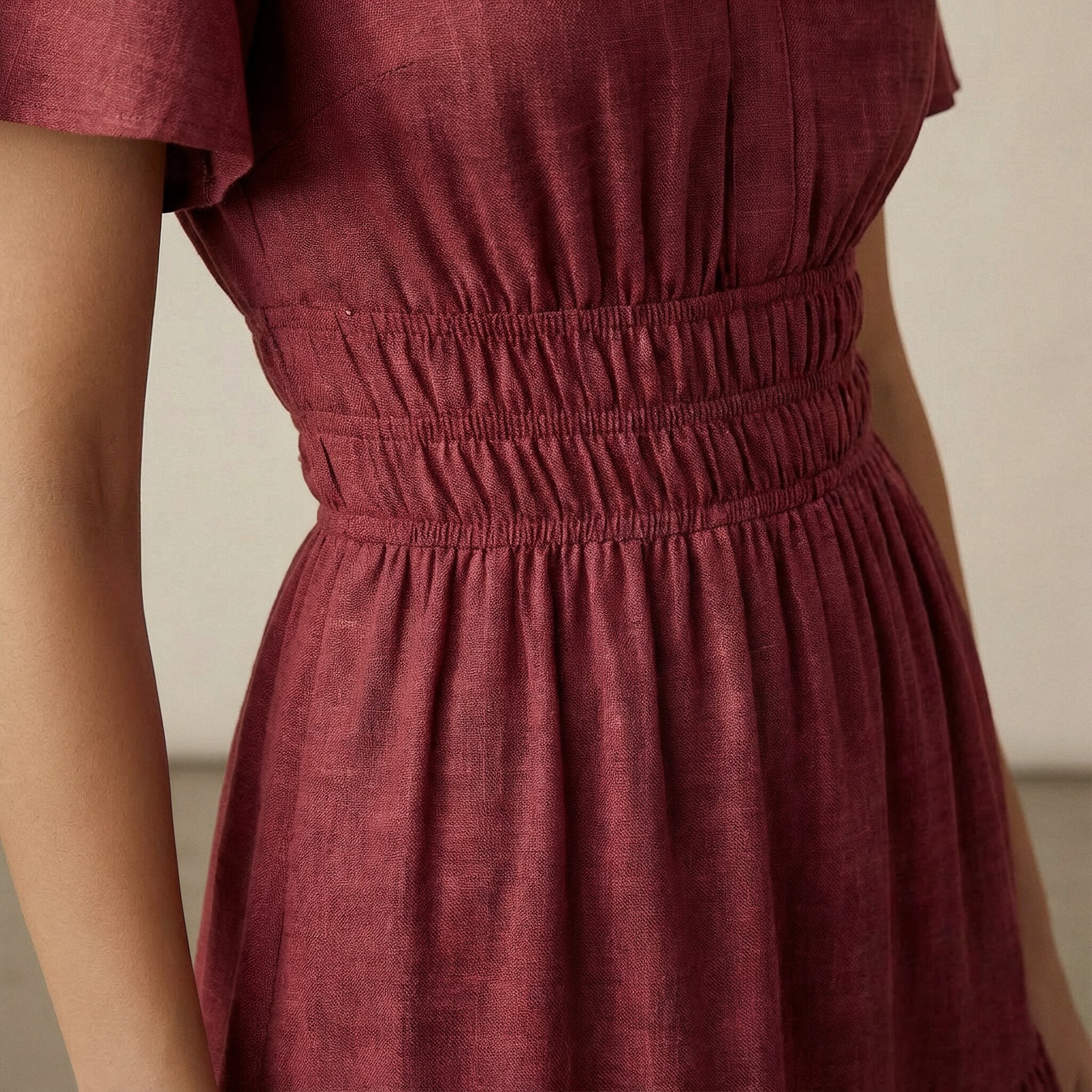Maroon Handspun Cotton Elasticated Short Tier Dress