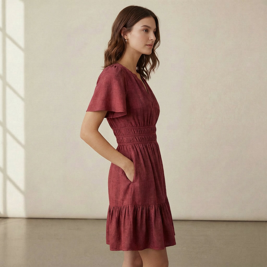 Maroon Handspun Cotton Elasticated Short Tier Dress