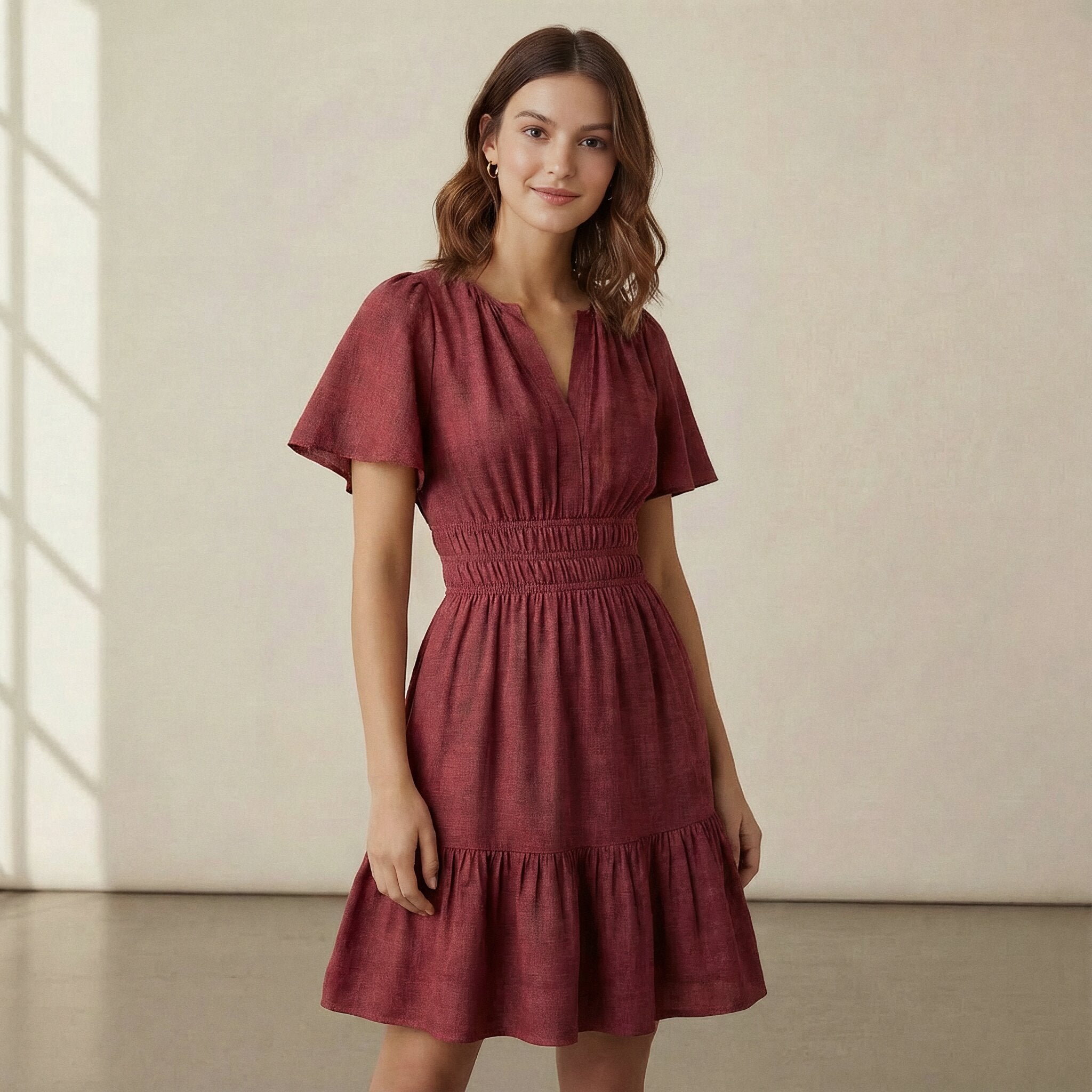 Maroon Handspun Cotton Elasticated Short Tier Dress