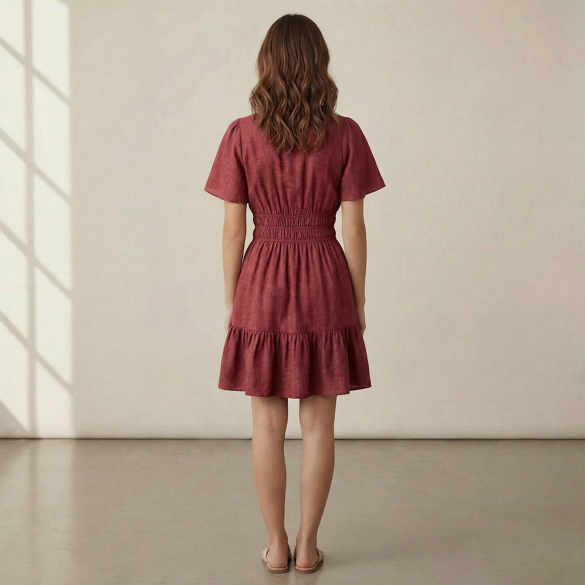 Maroon Handspun Cotton Elasticated Short Tier Dress