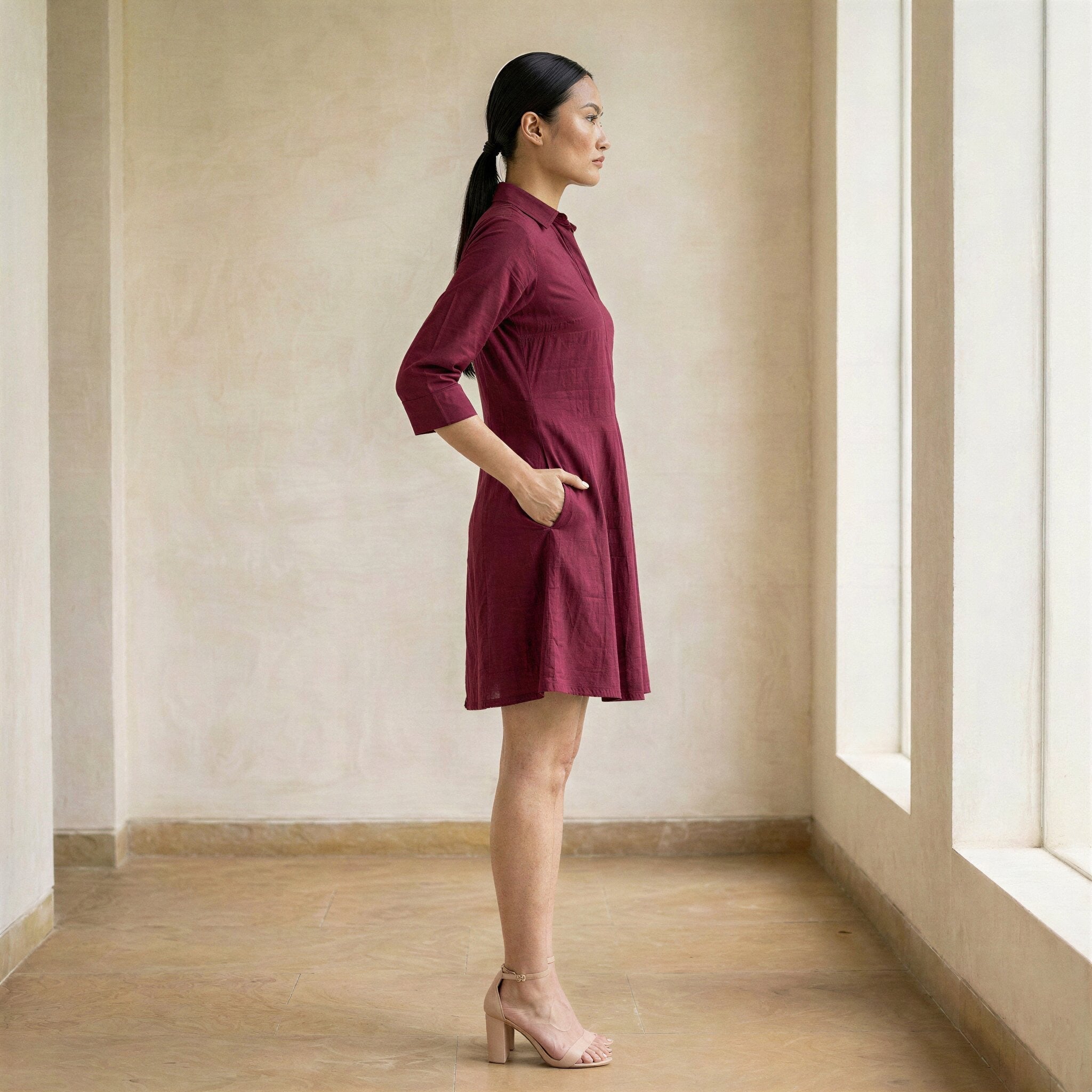 Maroon Handspun Cotton Fit and Flare Button-Down Short Shirt Dress