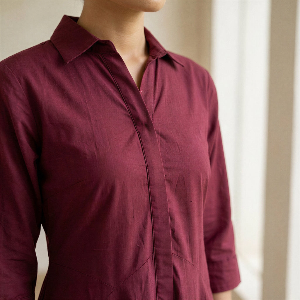 Maroon Handspun Cotton Fit and Flare Button-Down Short Shirt Dress