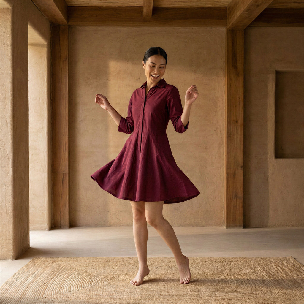 Maroon Handspun Cotton Fit and Flare Button-Down Short Shirt Dress
