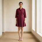Maroon Handspun Cotton Fit and Flare Button-Down Short Shirt Dress
