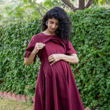 Maroon Handspun Cotton Fit and Flare Knee Length Pre and Post Maternity Dress