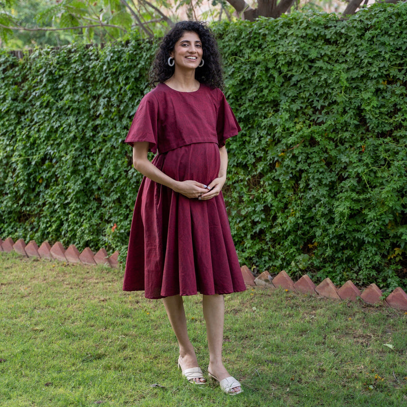 Maroon Handspun Cotton Fit and Flare Knee Length Pre and Post Maternity Dress