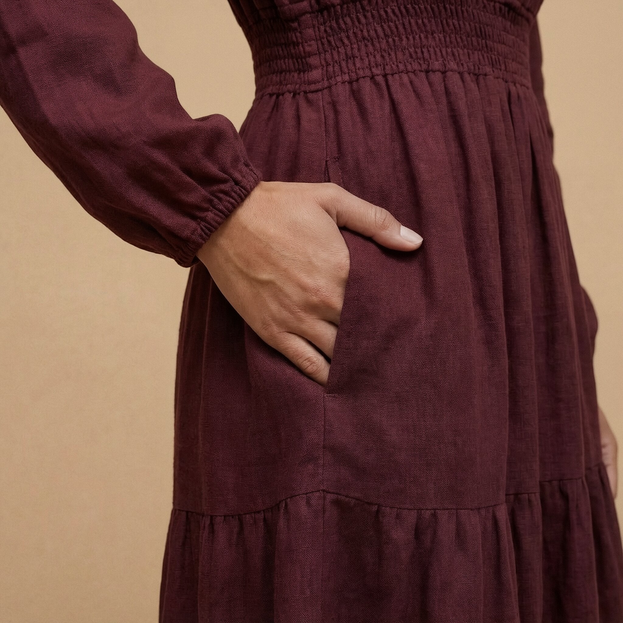 Maroon Handspun Cotton Fit and Flare Maxi Tier Dress