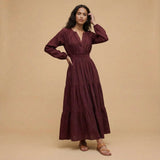 Maroon Handspun Cotton Fit and Flare Maxi Tier Dress