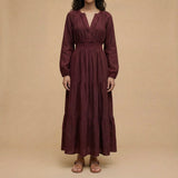 Maroon Handspun Cotton Fit and Flare Maxi Tier Dress