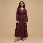 Maroon Handspun Cotton Fit and Flare Maxi Tier Dress