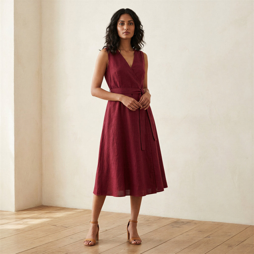 Maroon Handspun Cotton Fit and Flare Sleeveless Dress