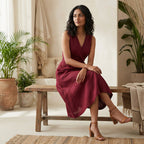 Maroon Handspun Cotton Fit and Flare Sleeveless Dress