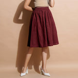 Maroon Handspun Cotton Flared Elasticated Knee Length Skirt