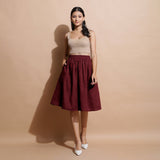Maroon Handspun Cotton Flared Elasticated Knee Length Skirt