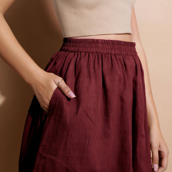 Maroon Handspun Cotton Flared Elasticated Knee Length Skirt