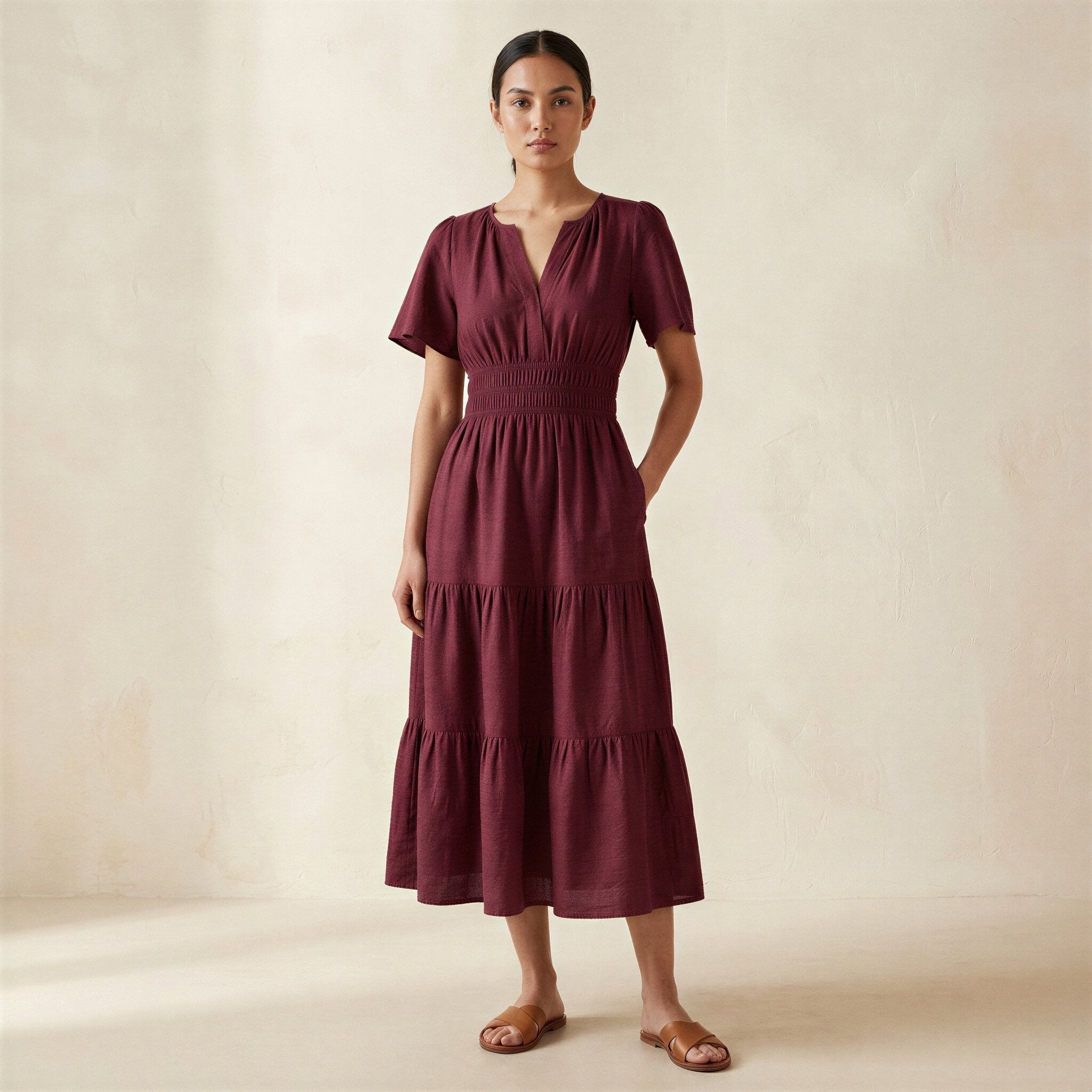 Maroon Handspun Cotton Flutter Sleeve Tie-Back Tiered Midi Dress