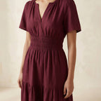 Maroon Handspun Cotton Flutter Sleeve Tie-Back Tiered Midi Dress